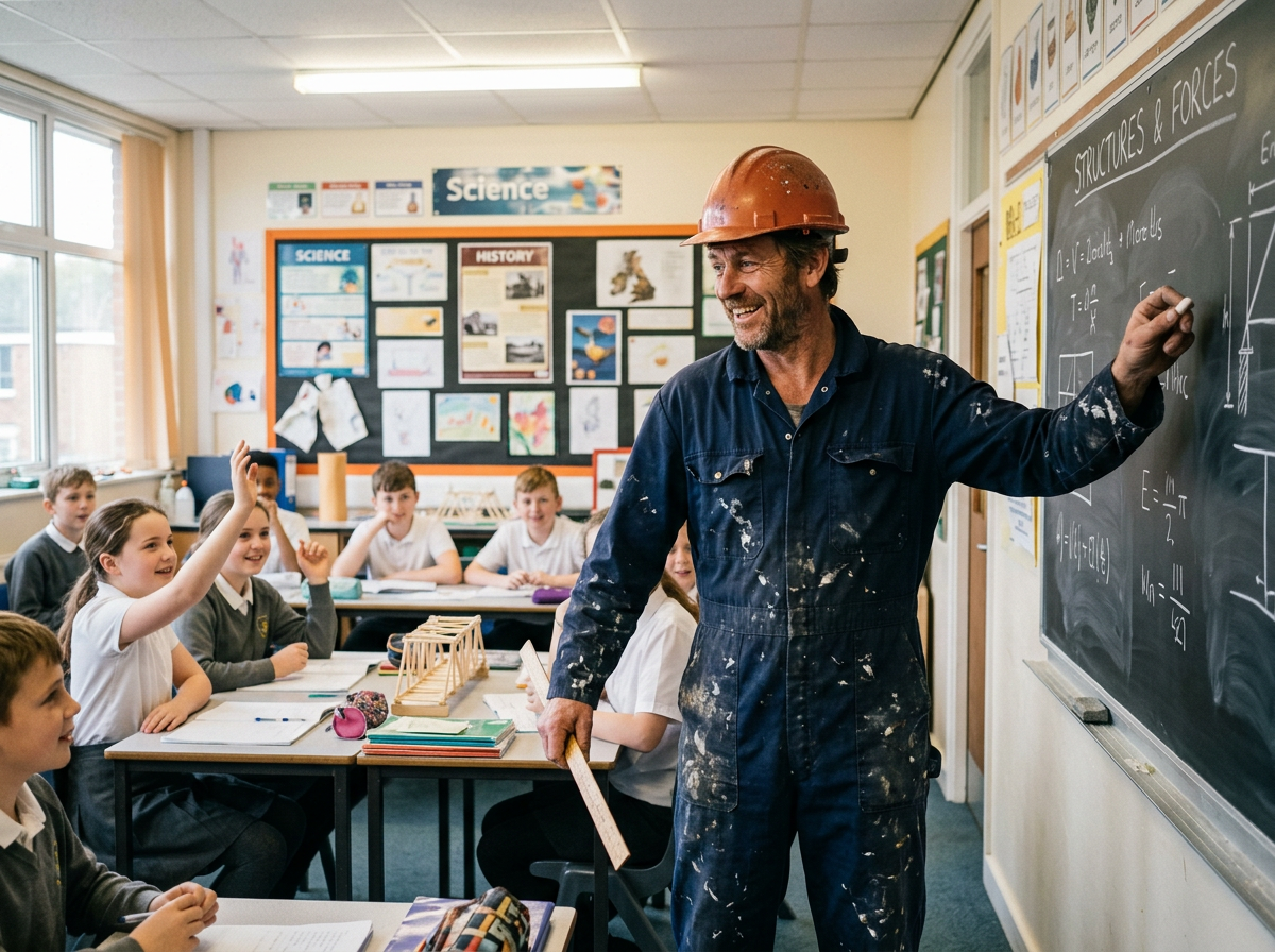 Tradesman in coveralls and hard hat explaining structures and forces on a chalkboard to schoolchildren
