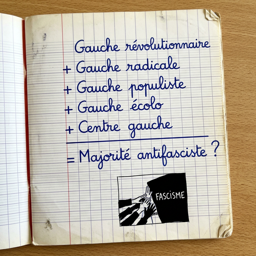 French handwritten note listing left-wing groups and asking, “Majorité antifasciste ?”